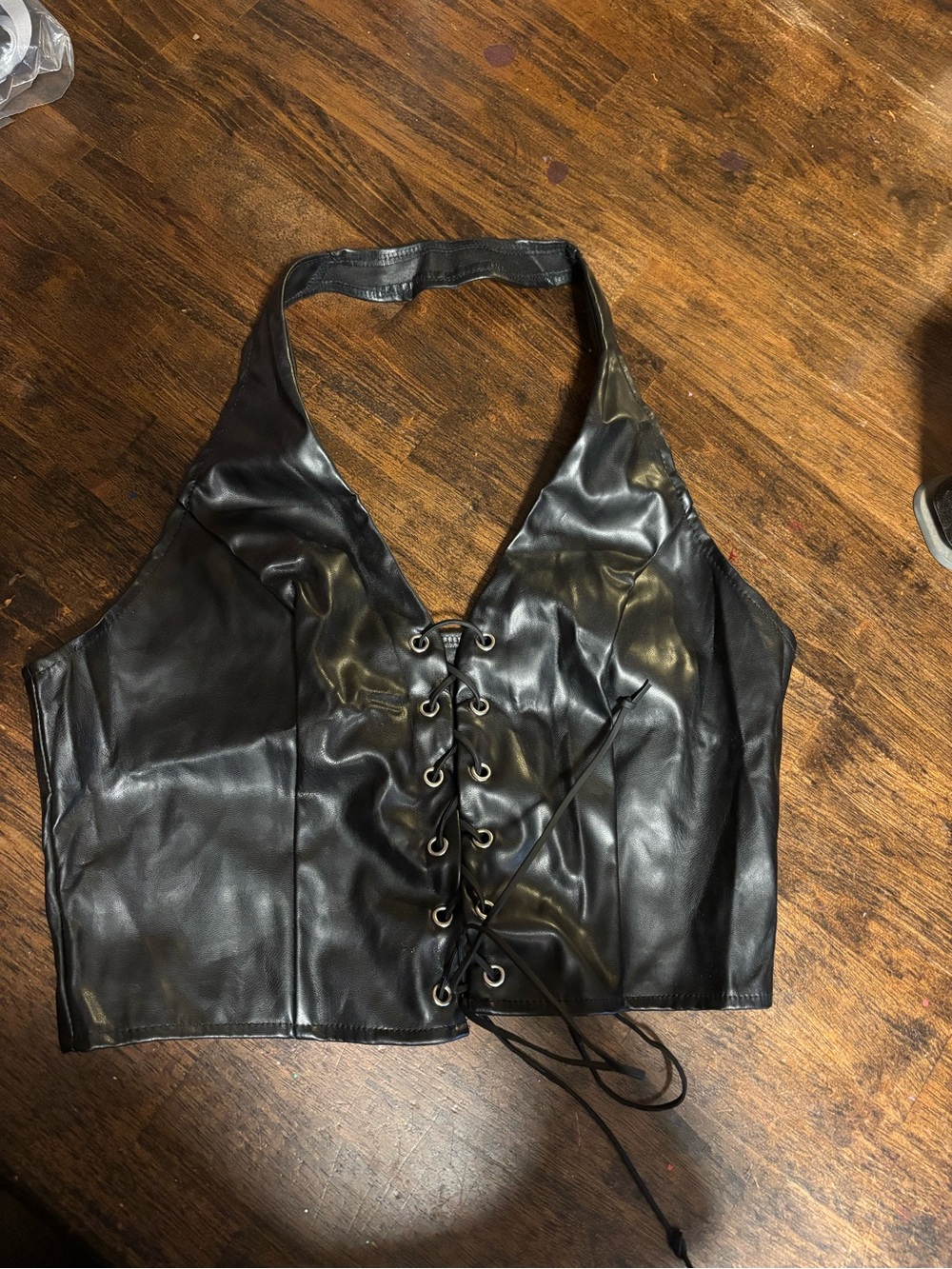 Black Faux Leather Lace-Up Halter Crop Top